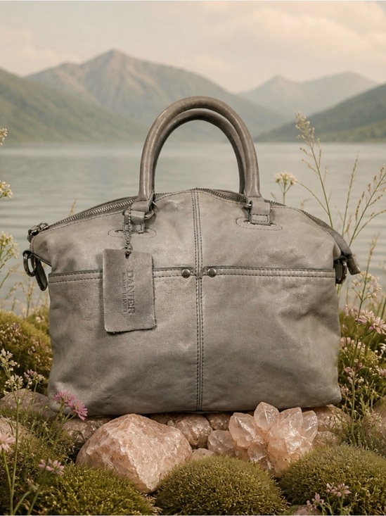 Danier Handbags - Danier Grey Leather Duffel Satchel